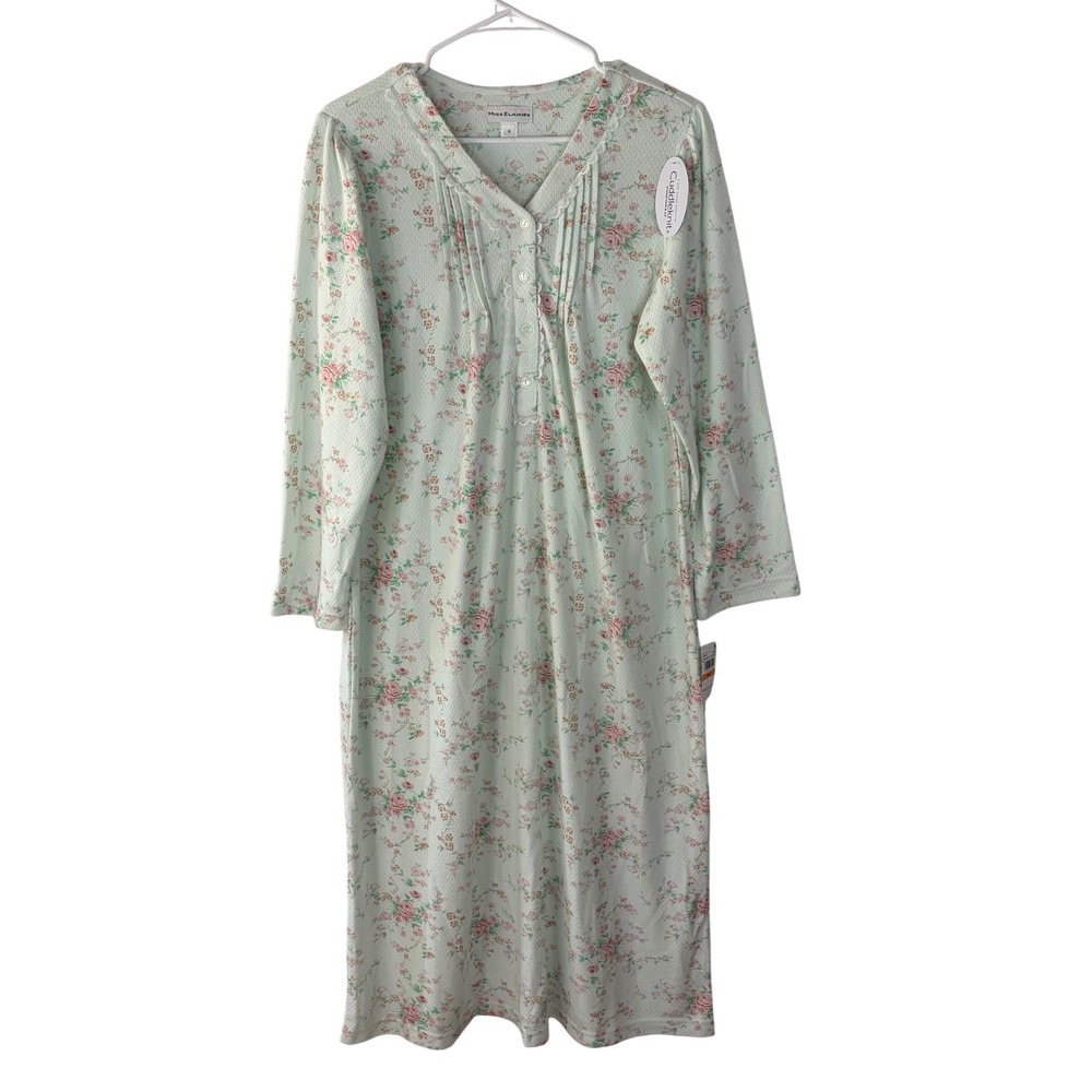 Miss Elaine Cuddleknit Nightgown Pink Floral Mint Green Womens Long Sleeve S NWT